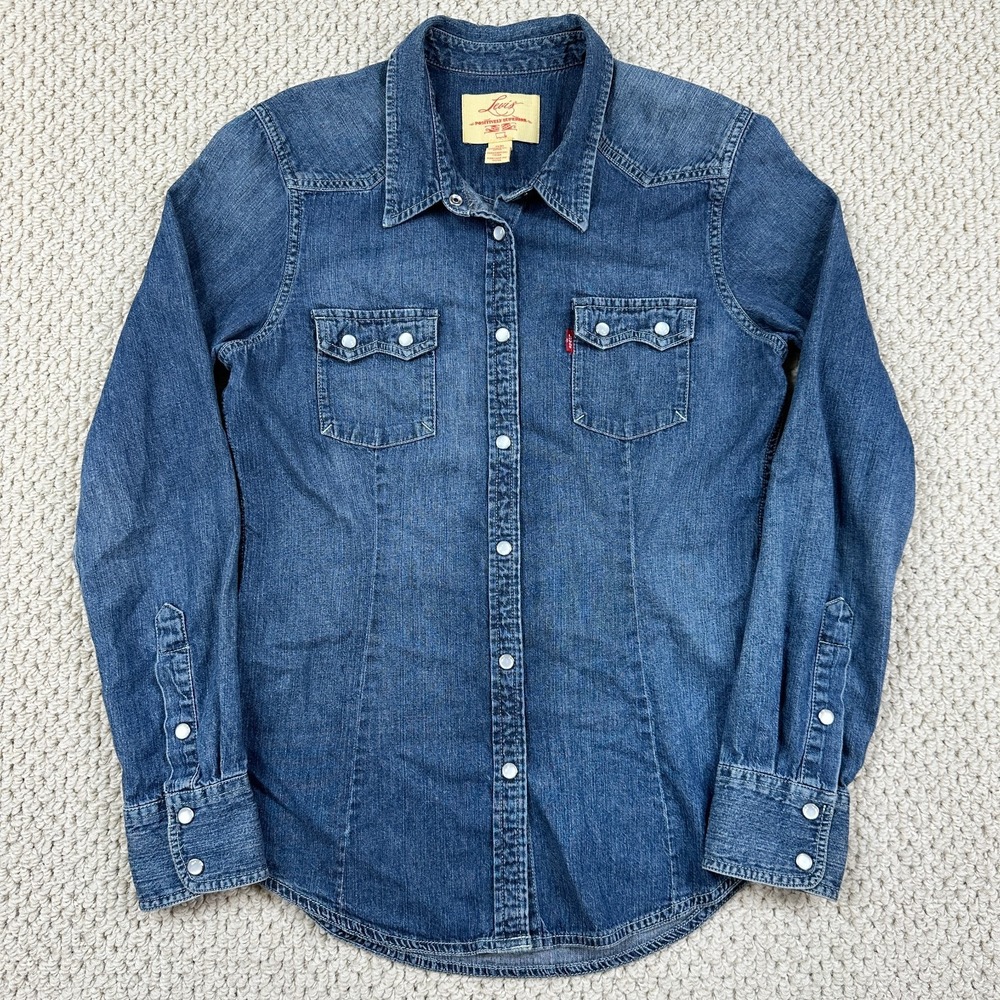 Levis Denim Shirt Women M Blue Positively Superior Western Sawtooth Pearl Snap